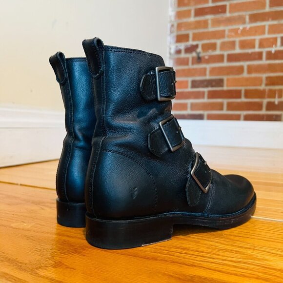 Frye Biker Chelsea Boots Combat Moto Natalie Triple Buckle Black Leather 6.5 B - Picture 11 of 16